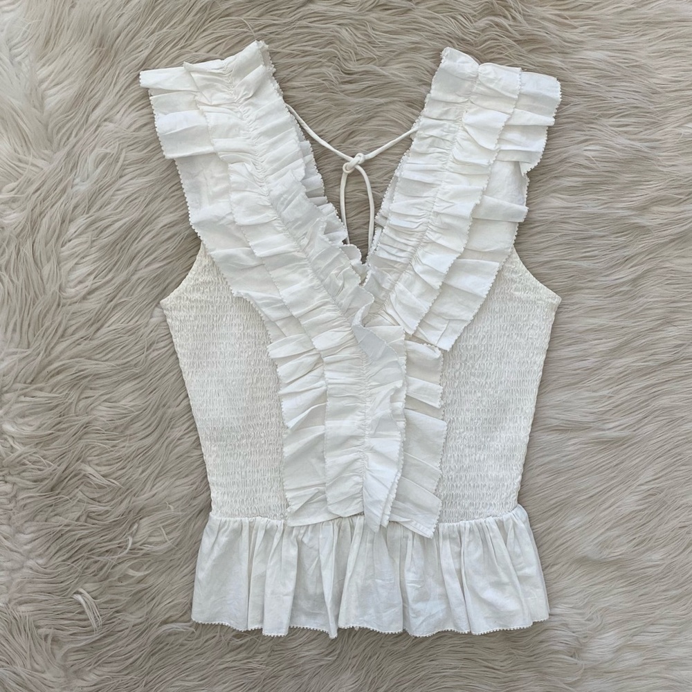 Love The Label Zephyr Top White Smocked Ruffled Neckline Sleeveless Tank Shirt S - Picture 2 of 9